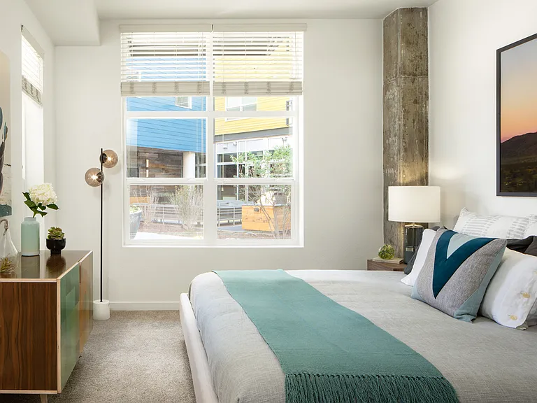 Spacious apartment bedroom with plush carpet flooring.