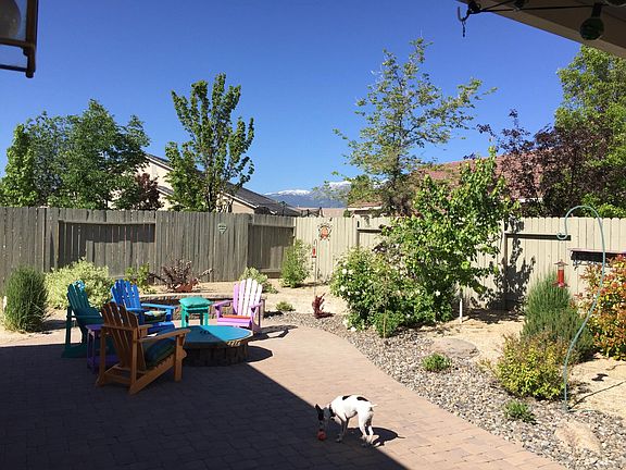 Backyard fire pit area. Raised garden beds off to left. View