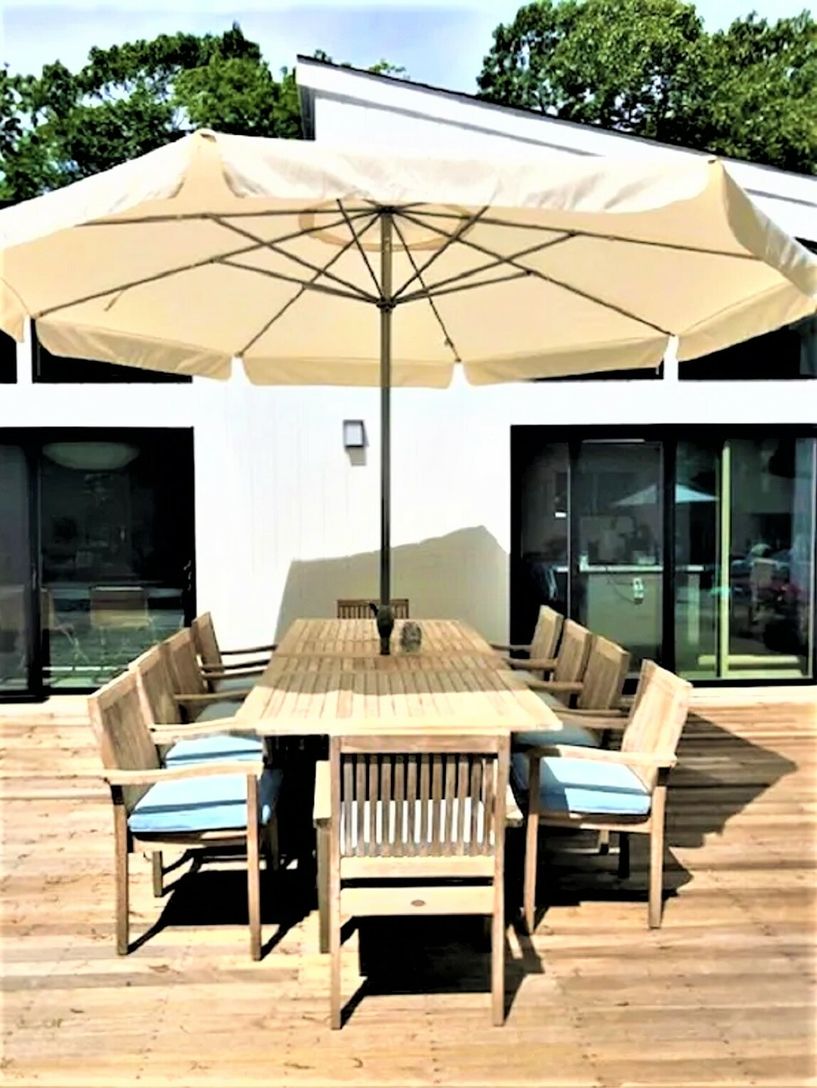  Teak outdoor dining set for up to 10 with oversize umbrella