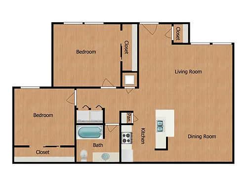 Floor plan 2 Bed, 1 Bath A (50% Income Restricted)