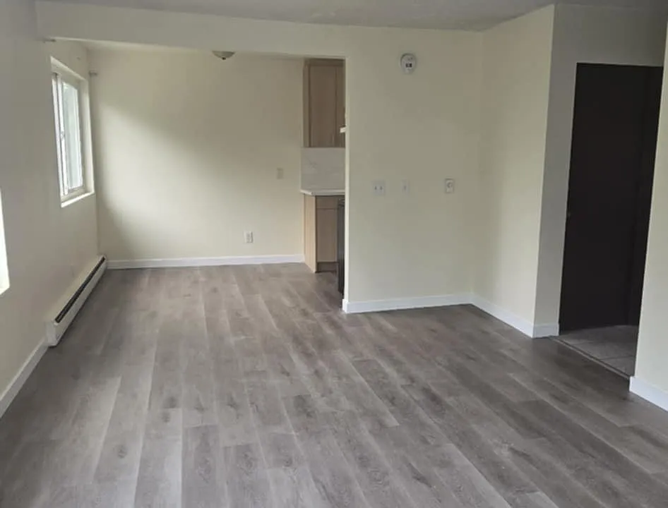 The living room is shown in the front of the photo. The dining room is shown in the back of the photo.