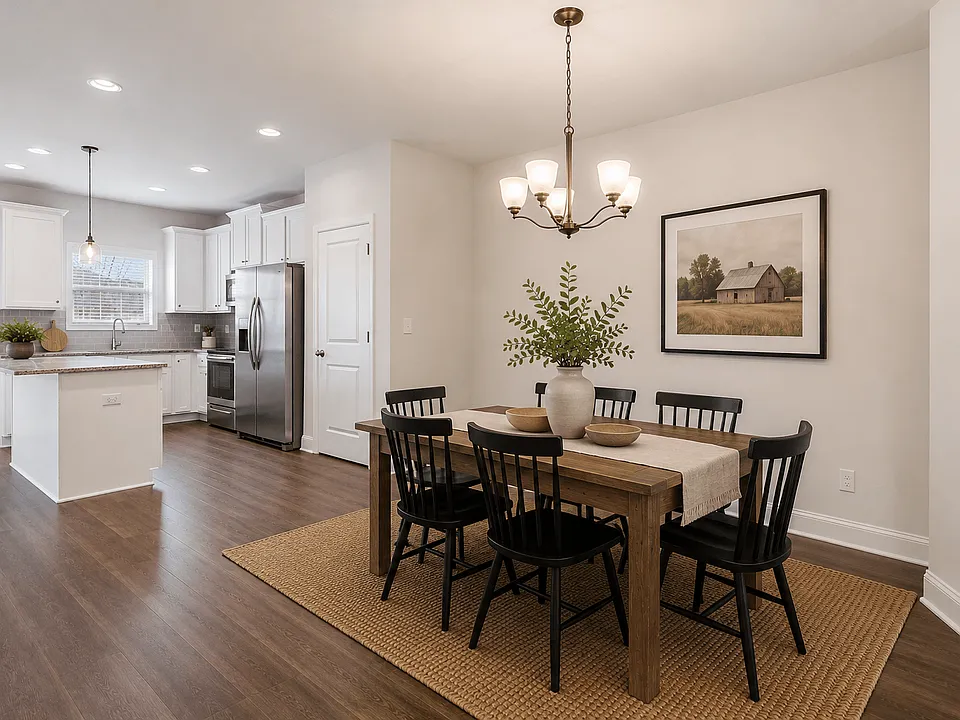 Elegant dining room featuring a rich wooden table and timeless seatingdesigned for unforgettable family gatherings.