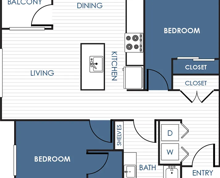 2 Bedroom 1 Bathroom Apartment 21A - 21B Floorplan Diagram