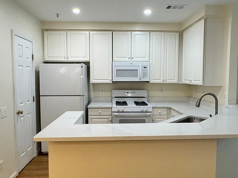 Kitchen with new quatzite countertop, stainless steel sink, wood floor