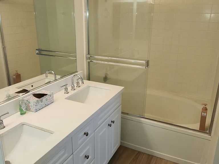Master bedroom bath tub and double sink vanity