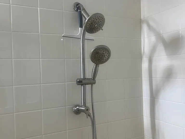 65 - Walk-in shower with dual spray heads.