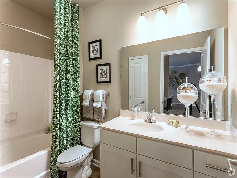 Bathroom with garden soaking tub and vanity