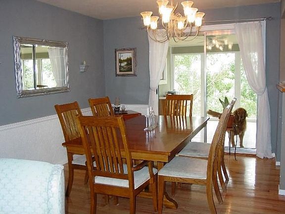 Dining room with view of back yard and hard wood floors