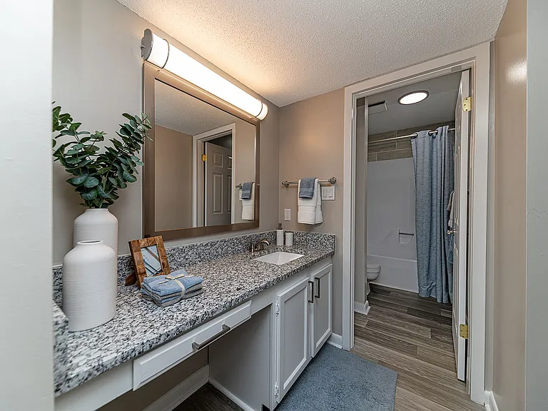 Bright bathroom with granite counters