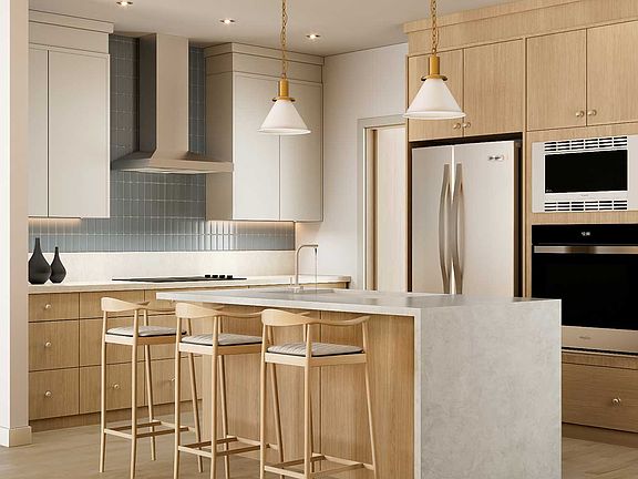 A rendering of the kitchen of the Amery 24 front garage model by Brookfield Residential