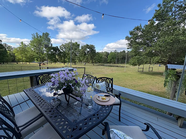 Deck with a million dollar view of pasture and ponds __
