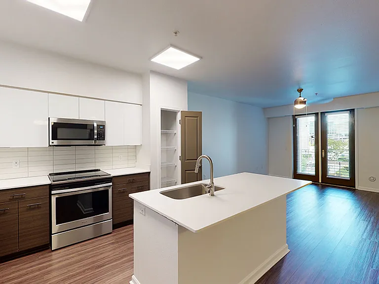 Apartment kitchen with stainless steel appliances, quartz countertops and wood-style flooring.