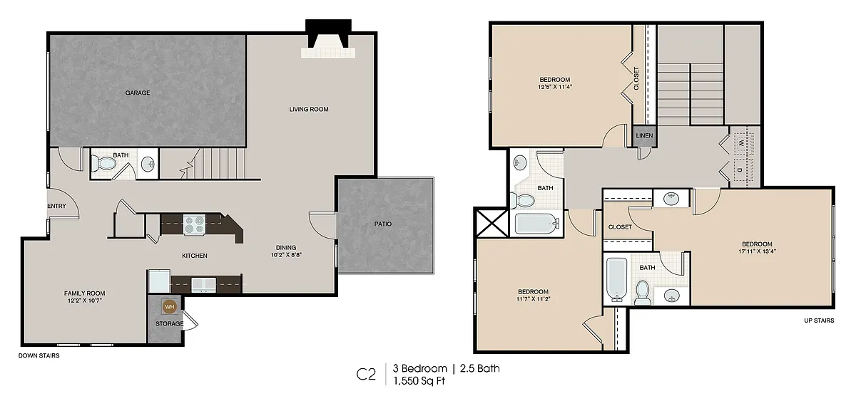 Floor plan C2 Three Bedroom Two 1/2 Bath Townhome
