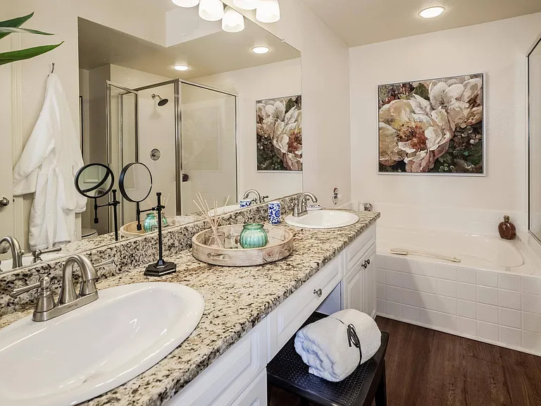 Modern bathroom with dual vanity
