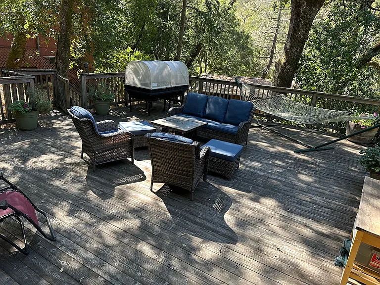 View beyond the deck to the hills on the other side of the canyon.