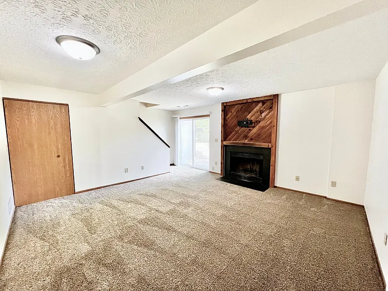 Lower level walkout with fireplace and closet & concrete patio.