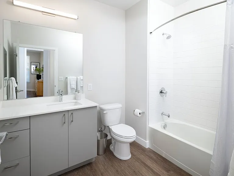 Modern baths with light grey cabinetry, white quartz countertop, and hard surface flooring