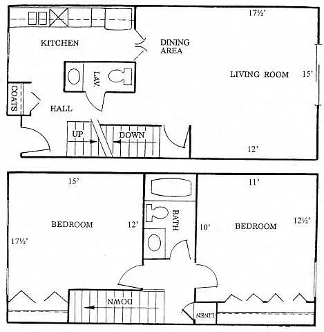 Floor plan Two Bedroom 1.5 Bath Townhouse Style T16
