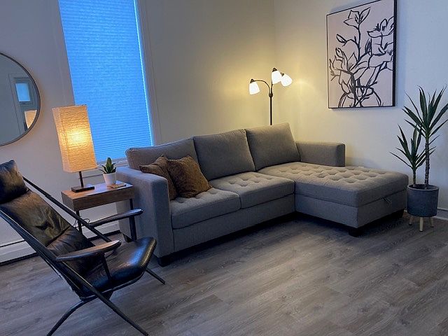 Living room with bottom-up / top-down insulation shades