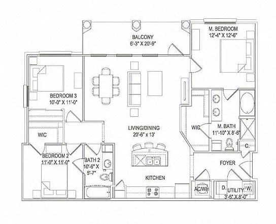 Floor plan 3BR 2BA (1348 SF)