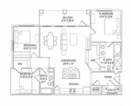 Floor plan 3BR 2BA (1348 SF)
