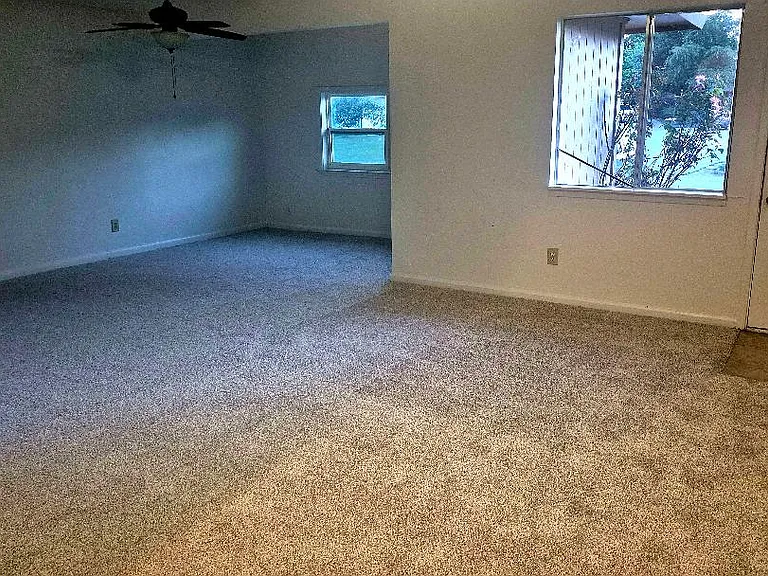 Large carpeted living area with closet