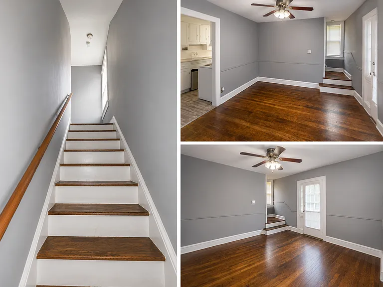 Foyer/Living room. Large space that connects the larger main room to kitchen and entryway to second floor stairwell.
