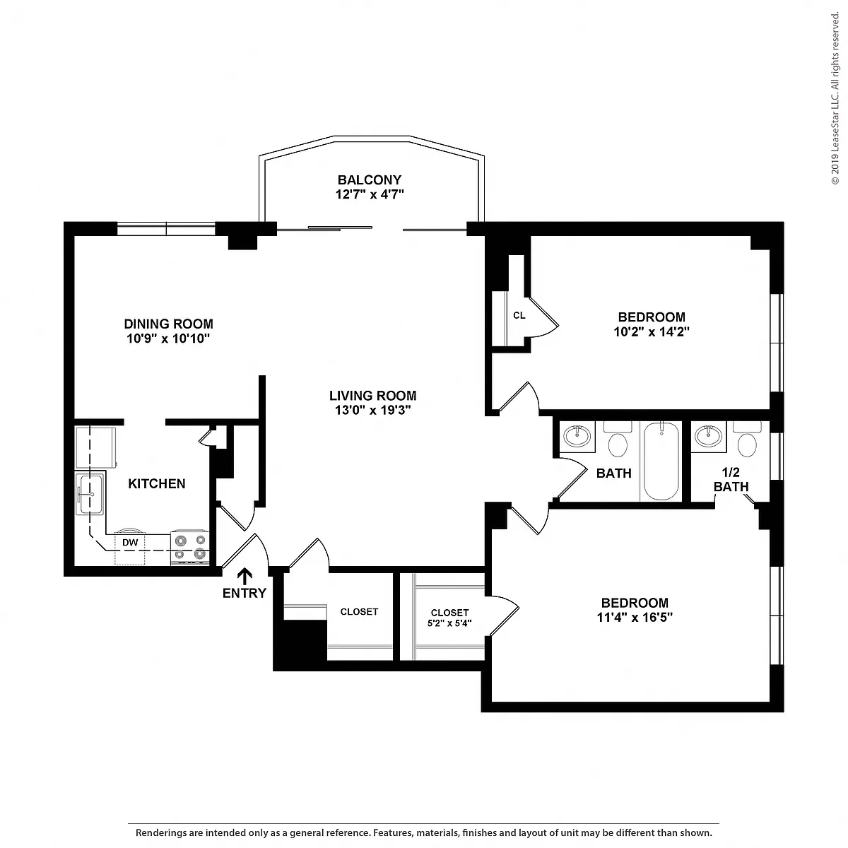 Floor plan 2 Bed, 1.5 Bath
