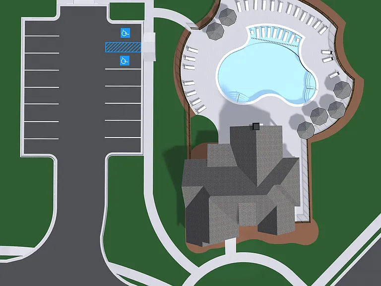 Aerial view of clubhouse, pool, and ample resident parking.