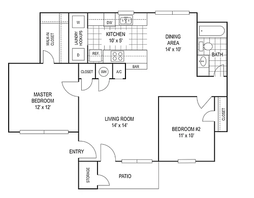 Floor plan 2 Bed, 1 Bath