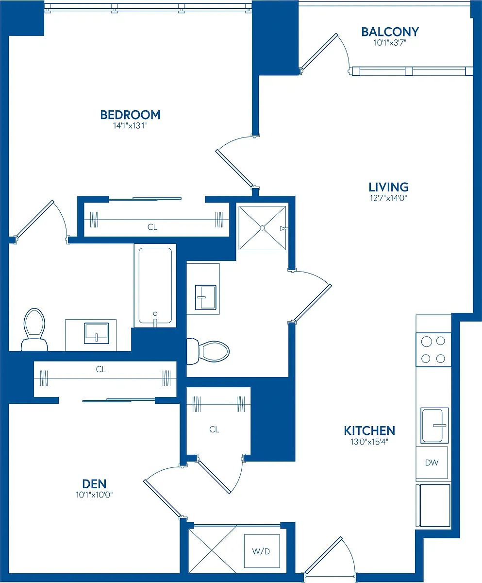 Floor plan 1 Bedroom + Den, 2 Bath, Balcony