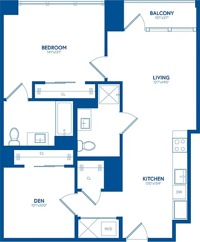 Floor plan 1 Bedroom + Den, 2 Bath, Balcony