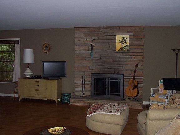 Stacked sandstone fireplace