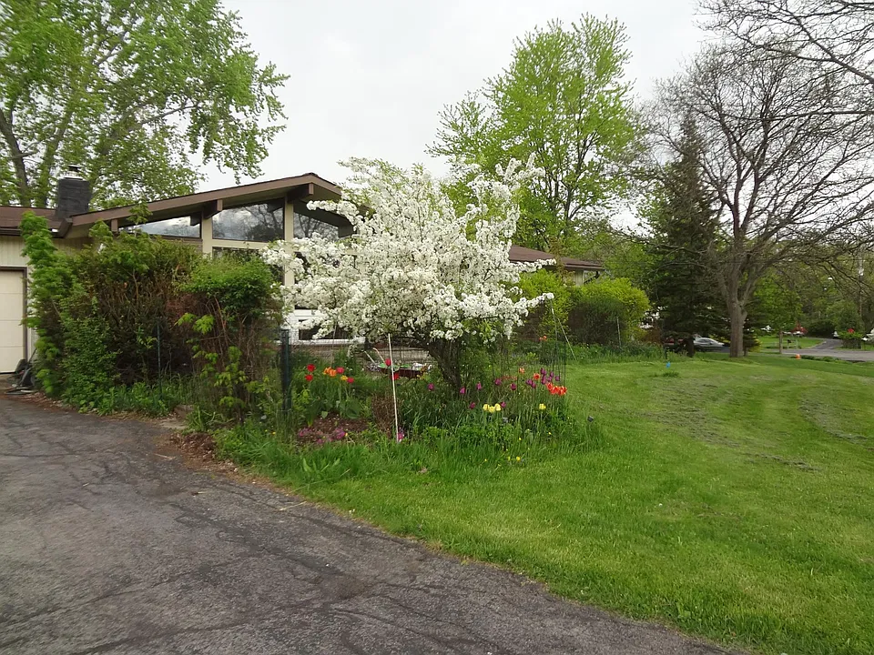 Front garden view. The apartment entrance is on the left side of the house.