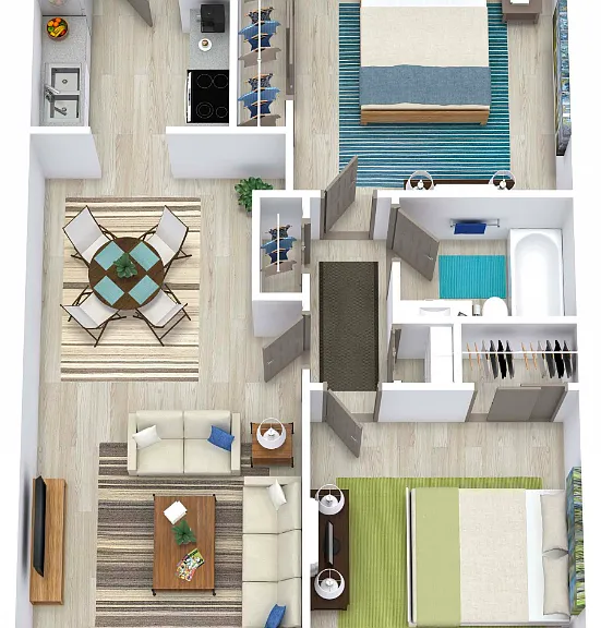 2 Bed 1 Bath 800 Floorplan Diagram
