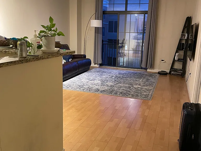 View as you enter: Kitchen to the left, living room ahead, and Bedroom and Bathroom to the right