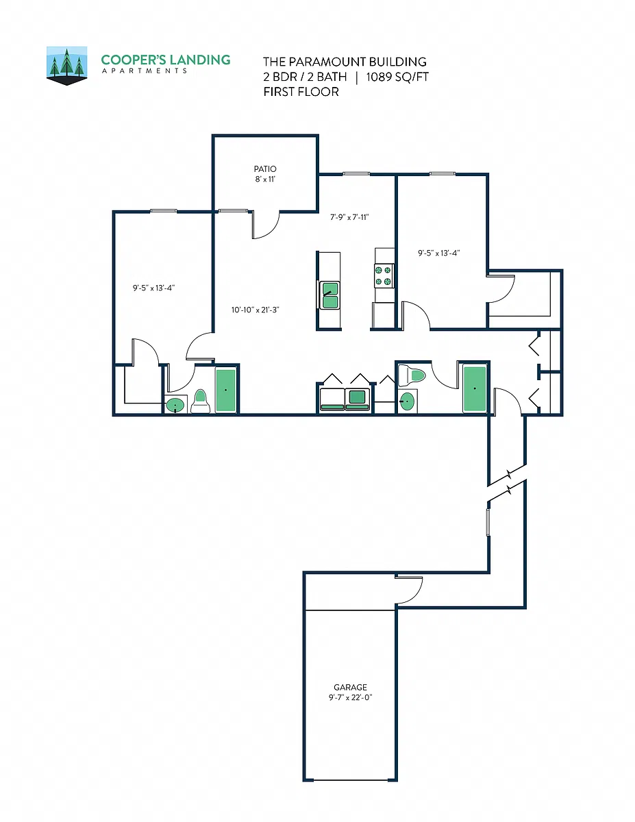 Floor plan 2 Bed, 2 Bath - 1089 sq ft