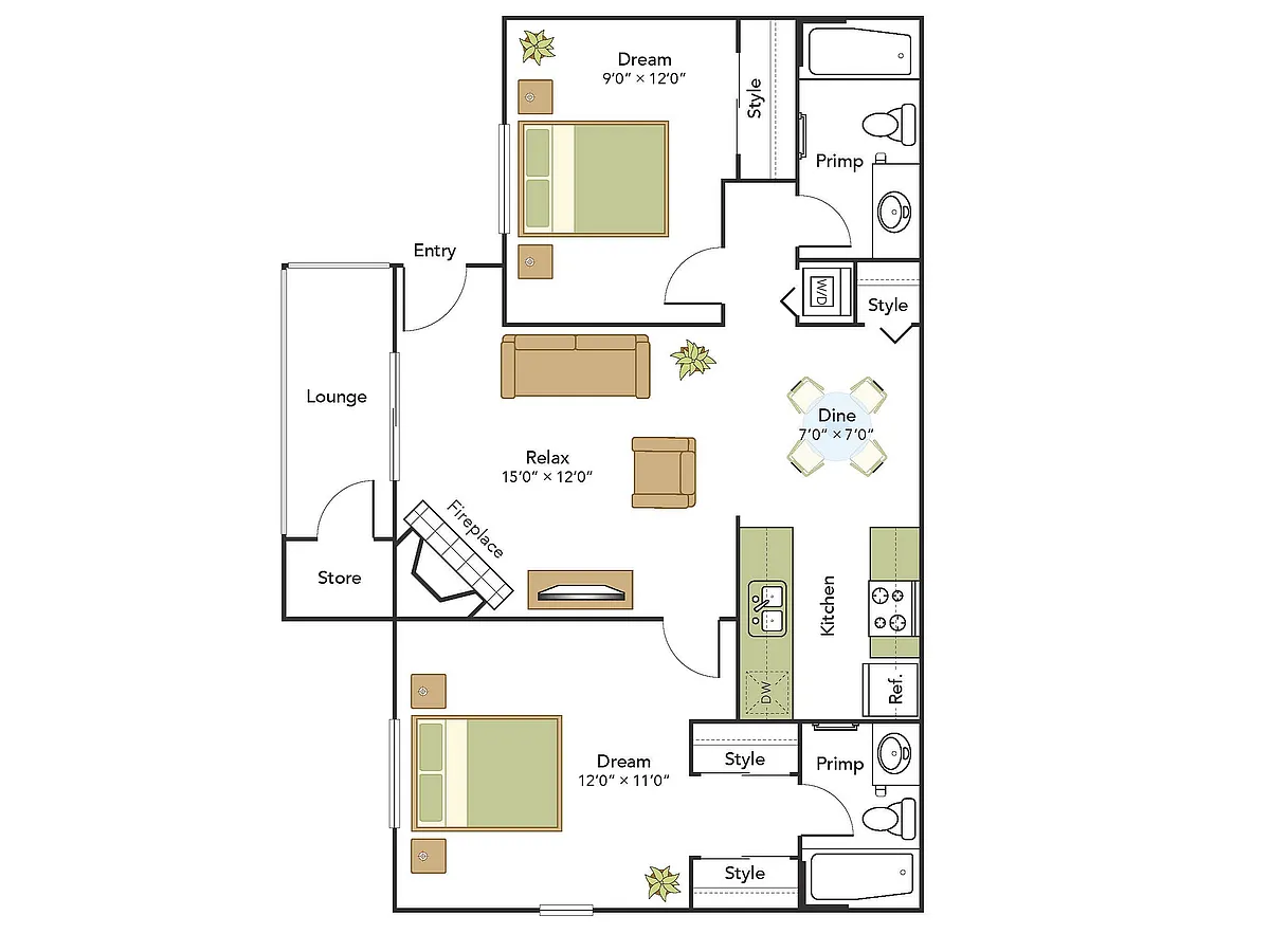 Floor plan 2 Bed, 2 Bath A Upgraded