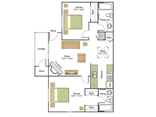 Floor plan 2 Bed, 2 Bath A Upgraded