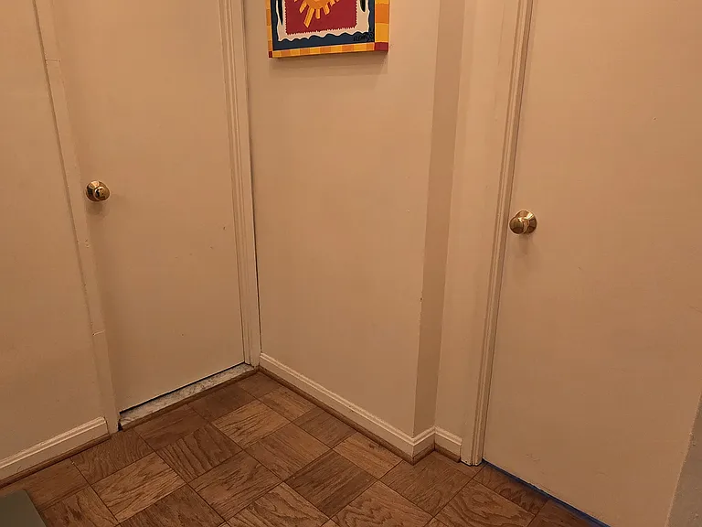 The door on the left is the bathroom. On the right is the bedroom.