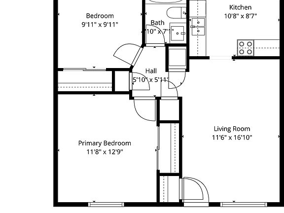Chic floor plan showcasing a smart layout with a spacious primary bedroom, cozy second bedroom, elegant living room, modern kitchen, and a conveniently located bathroom.