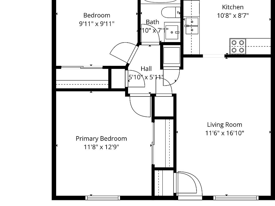 Chic floor plan showcasing a smart layout with a spacious primary bedroom, cozy second bedroom, elegant living room, modern kitchen, and a conveniently located bathroom.