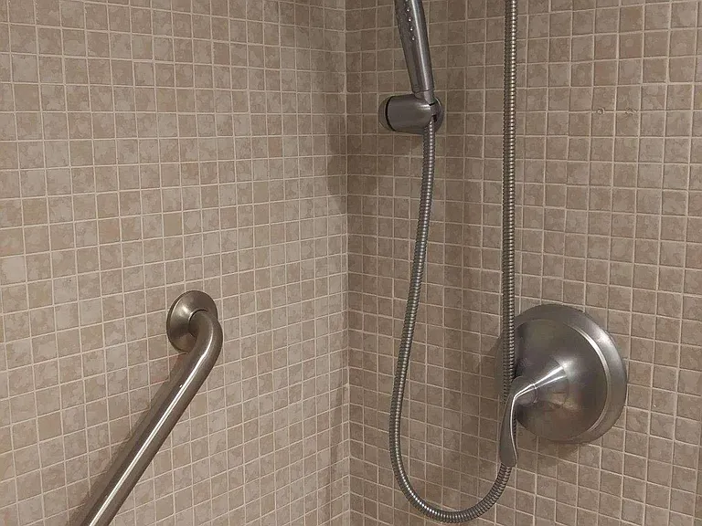 Master Bath with grab bars, fixed shower head and hand-shower head with long hose.