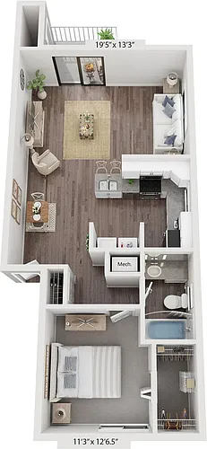 Floor plan One Bedroom End Renovated