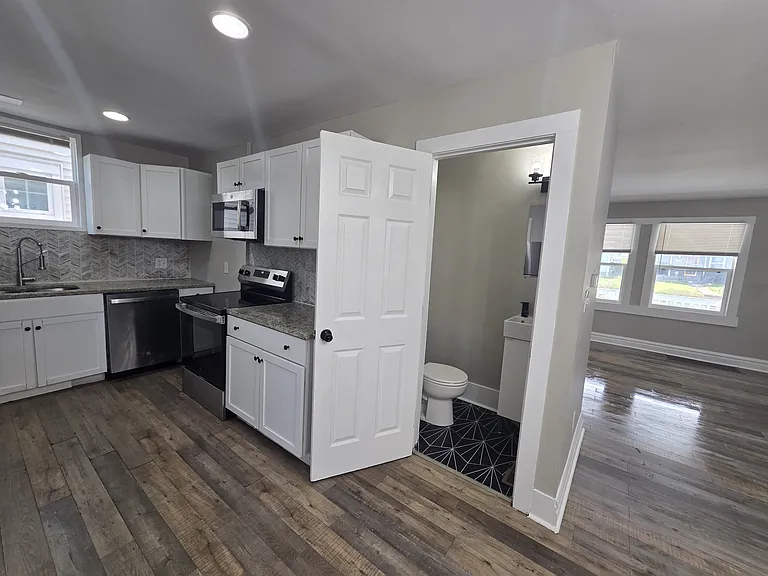 kitchen and half bathroom