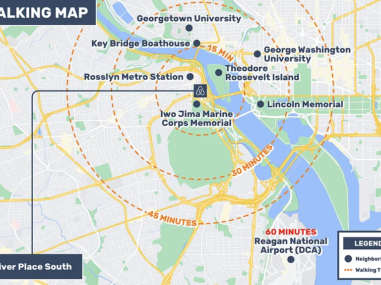 A walking map shows the area's "walkability" to major attractions.
