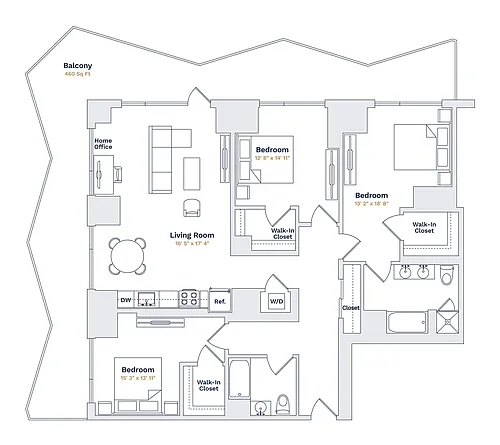 Floor plan BEACH - 3 Bedrooms Two Bathrooms