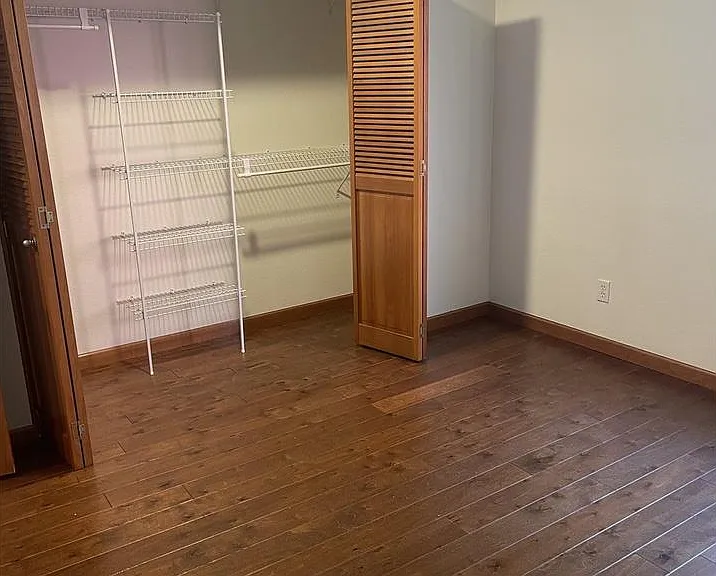 Spacious bedroom closet with closet organizer