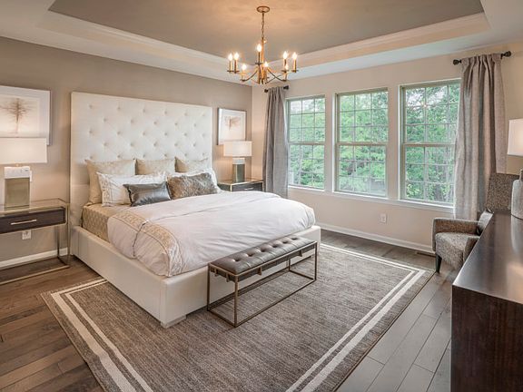 Luxury owner s suite with tray ceiling and a large window for natural lighting