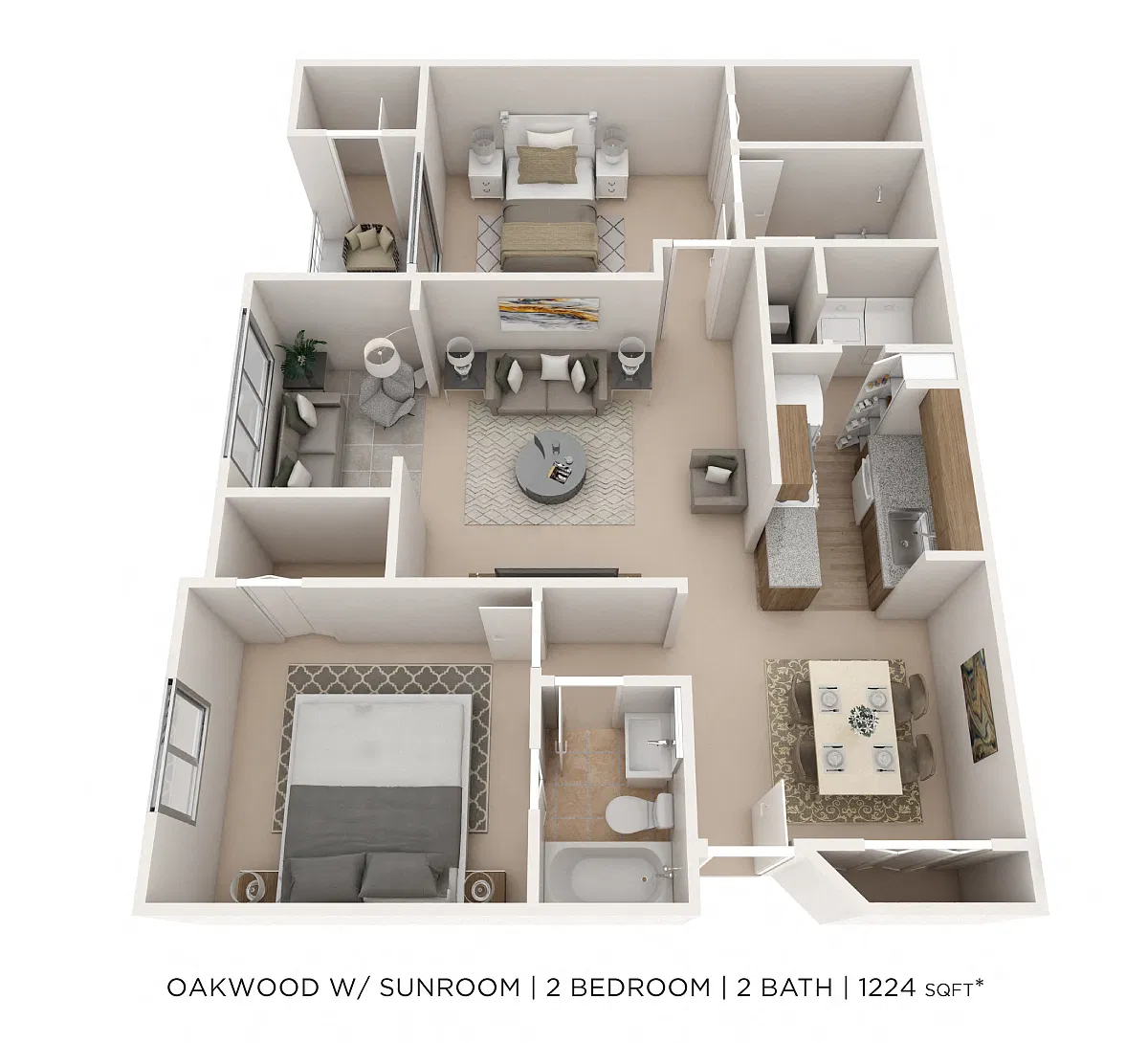 Floor plan Two Bedroom 2 Bath w/ Sunroom- 1225 sqft